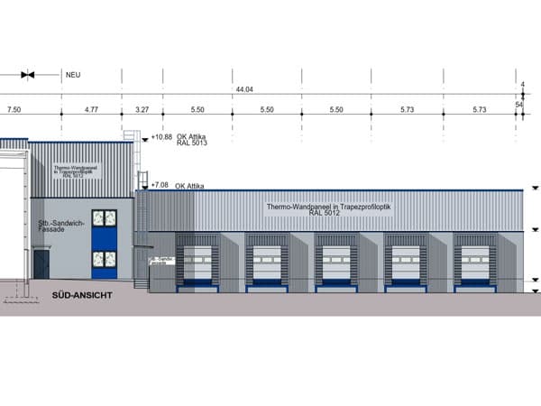 Erweiterte Hallenfläche von Neukirch – Anbau von 3.500 m² Halle und 900 m² Büro